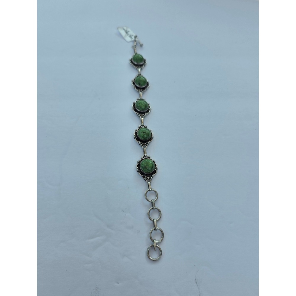 Green Turquoise Silver Tone Floral Link Bracelet Adjustable Toggle Clasp 8.75in